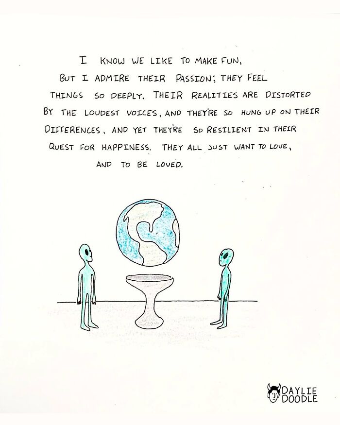 Cartoonist’s daily comic showing two aliens by a globe with a message about passion, differences, and the quest for happiness.