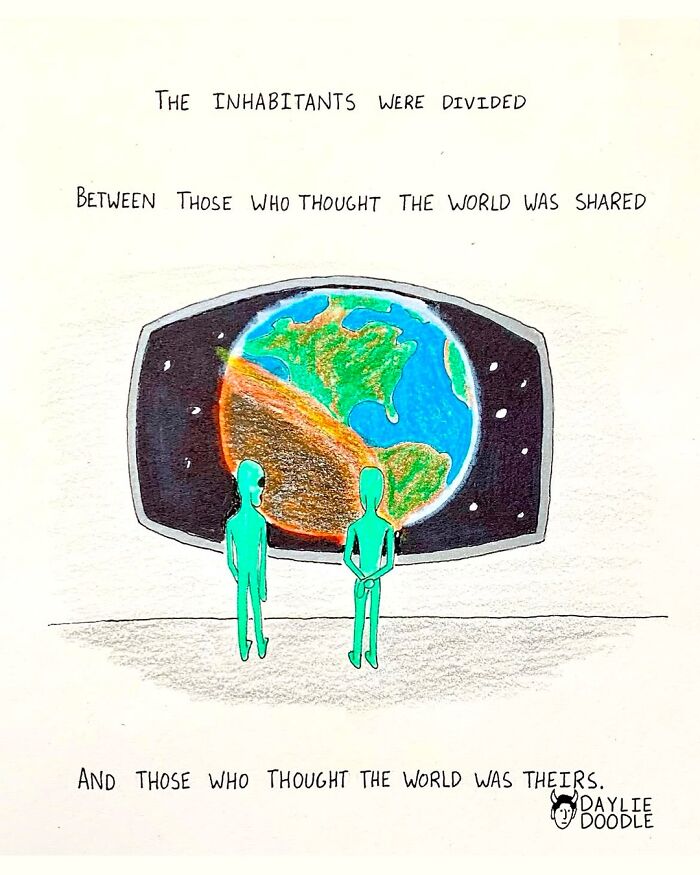 Cartoonist’s daily comic showing two figures divided by views on whether the world is shared or owned.