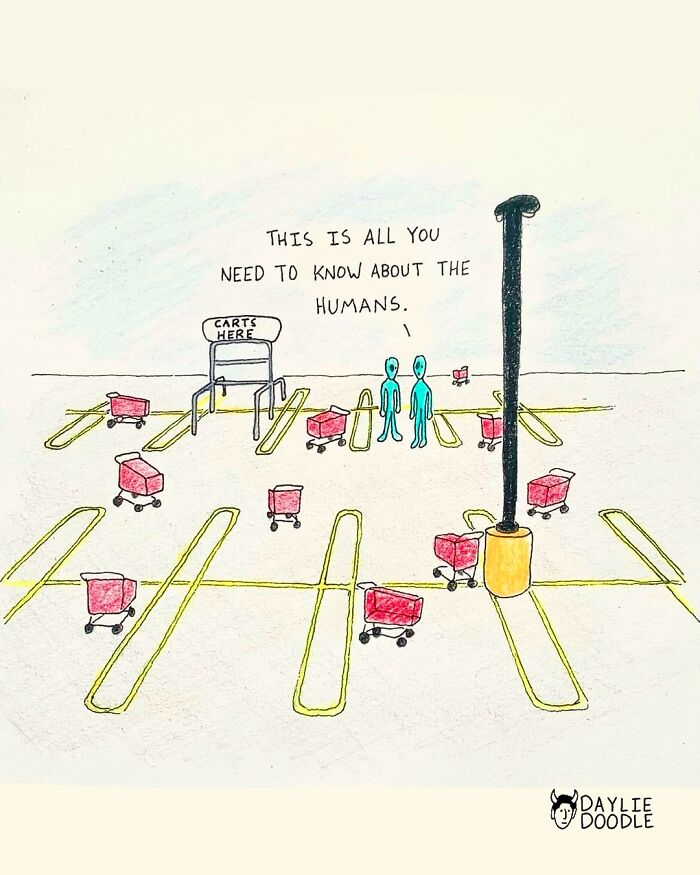 Cartoonist’s daily comic showing human behavior with shopping carts scattered in a parking lot near a carts return area.