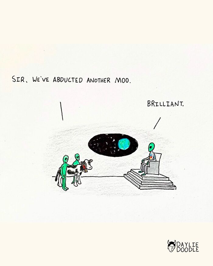 Alien cartoon in a daily comic showing two green aliens abducting a cow with humor and cleverness.