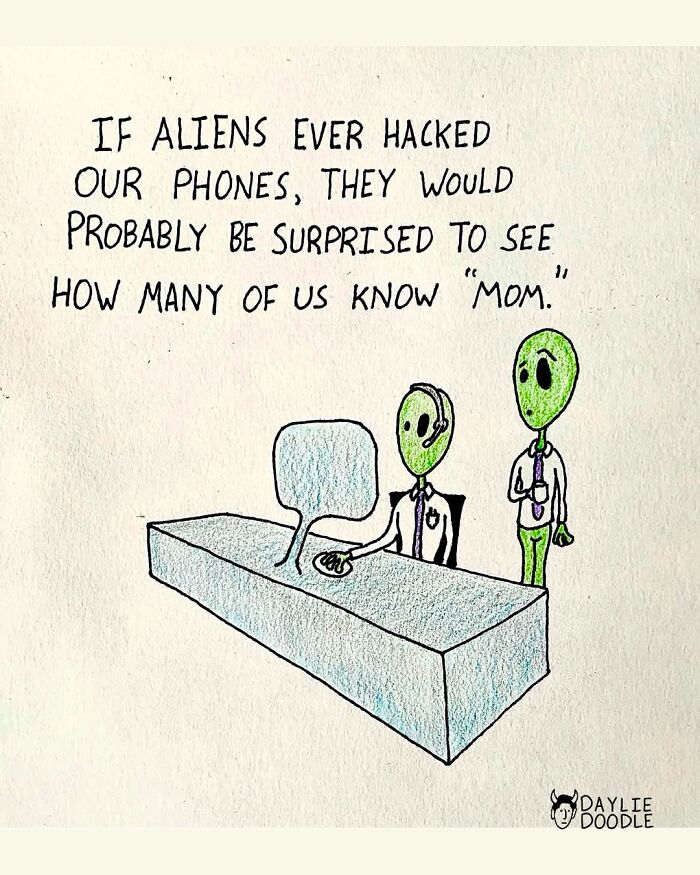 Cartoonist’s daily comics featuring aliens surprised by humans knowing the word mom in a humorous office scene.