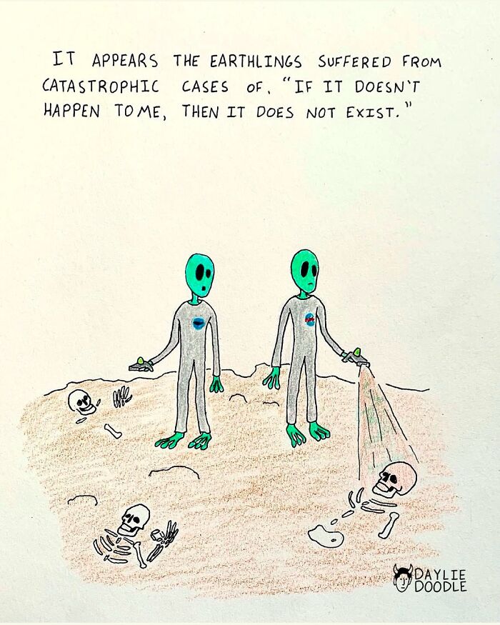 Cartoonist's daily comic shows aliens diagnosing Earthlings with denial syndrome amid skeletons on a barren surface.