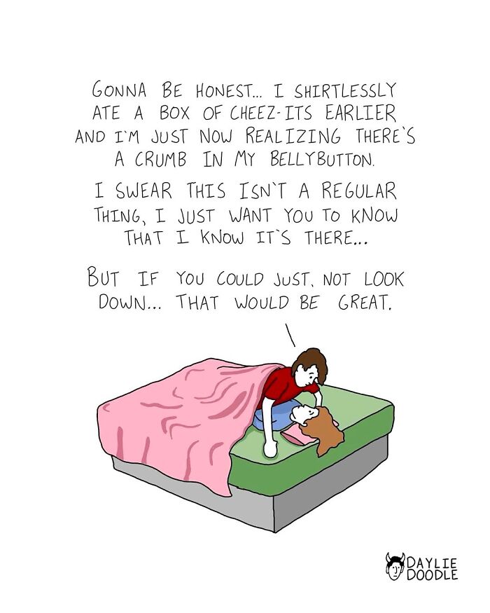 Cartoonist’s daily comic shows a humorous moment with a person admitting to having a crumb in their bellybutton in bed.