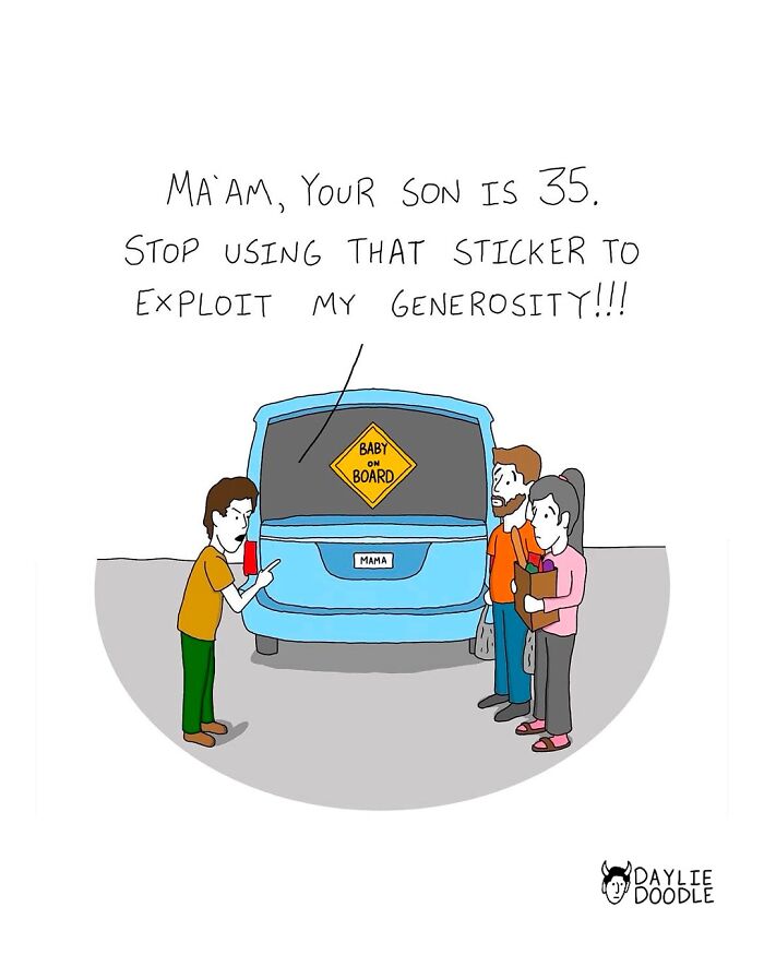 Cartoonist’s daily comic shows a man confronting a couple about abusing a baby on board sticker to exploit generosity.