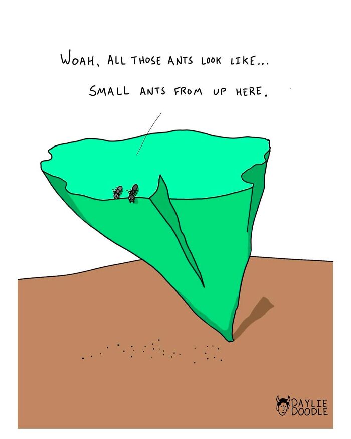 Cartoon showing ants on a leaf resembling smaller ants from a distance, illustrating a ridiculous and true comic concept.