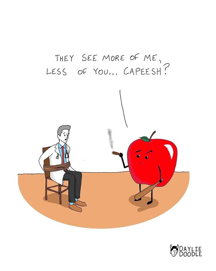 Cartoonist’s daily comic showing an angry apple threatening a tied-up doctor with a cigar and a bat.