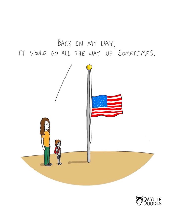 Cartoonist’s daily comic shows two people by a flagpole with a caption reflecting on past flag-raising heights.