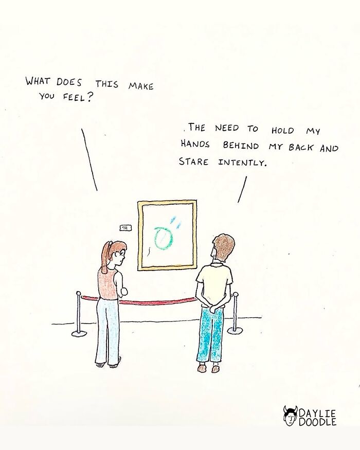 Two people in a cartoon at an art gallery discussing feelings while viewing a framed abstract drawing, showcasing daily comics.