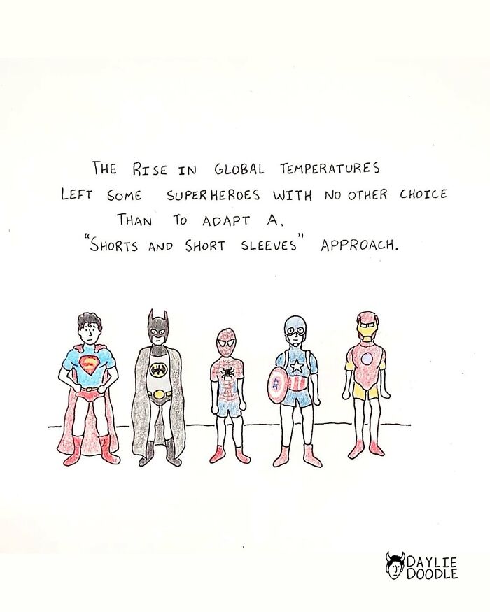 Cartoonist’s daily comics show superheroes adapting to global temperature rise with shorts and short sleeves humor.