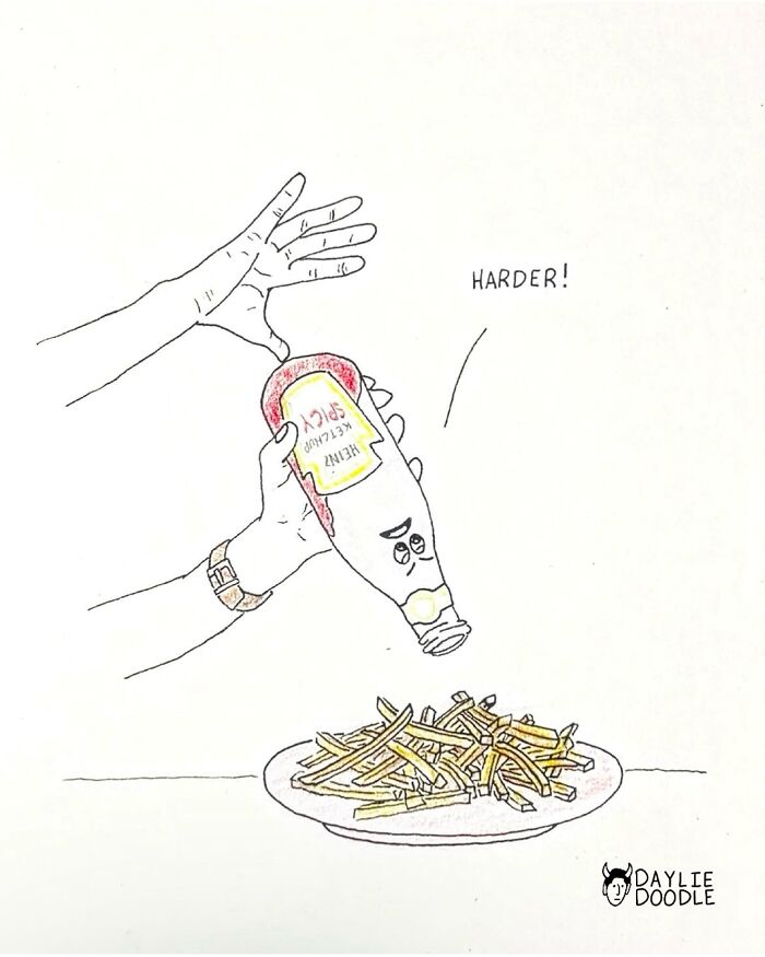 Cartoonist's daily comic showing an animated ketchup bottle urging "Harder!" while squeezing onto fries.