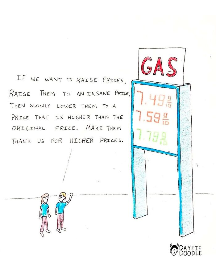 Cartoonist daily comic showing two people discussing gas prices and the strategy behind raising and lowering them.