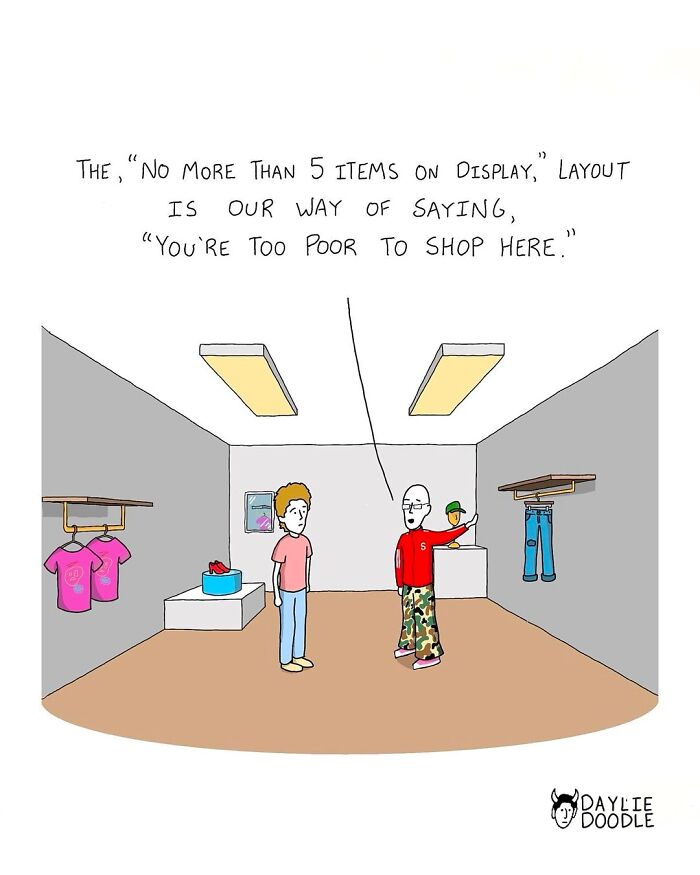 Cartoonist’s daily comic shows a retail store with few items on display illustrating social commentary on shopping and wealth.