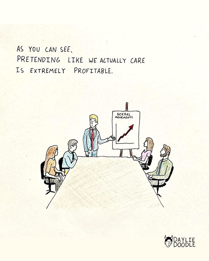 Cartoonist's daily comic showing a business meeting where pretending to care is described as profitable.