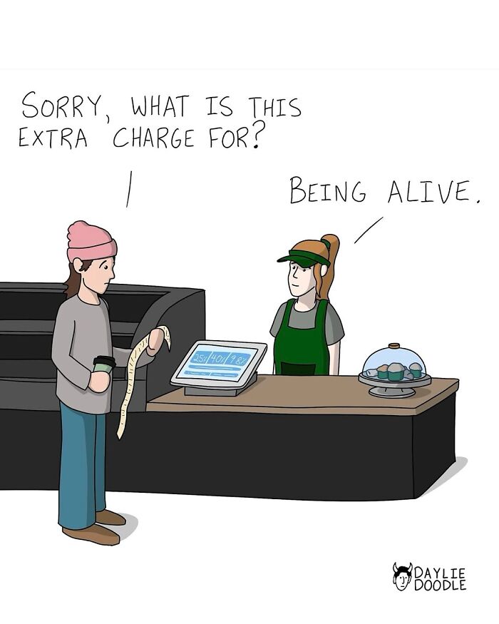 Customer holding a long receipt asks about extra charge, cashier in green apron replies being alive in this daily comic.