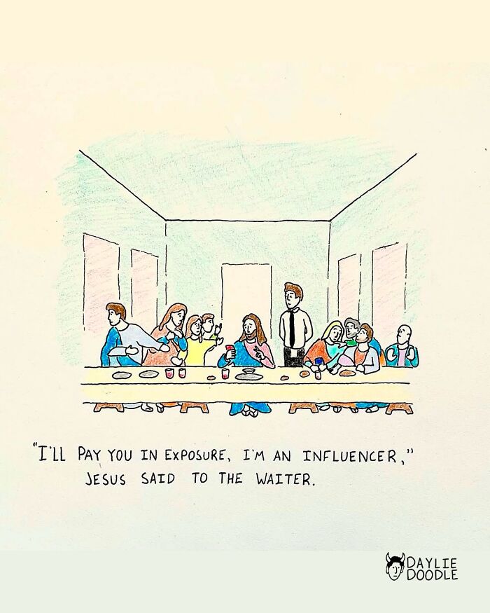Cartoonist’s daily comics humorously depict modern influencer culture with a twist on a classic scene in a simple hand-drawn style.