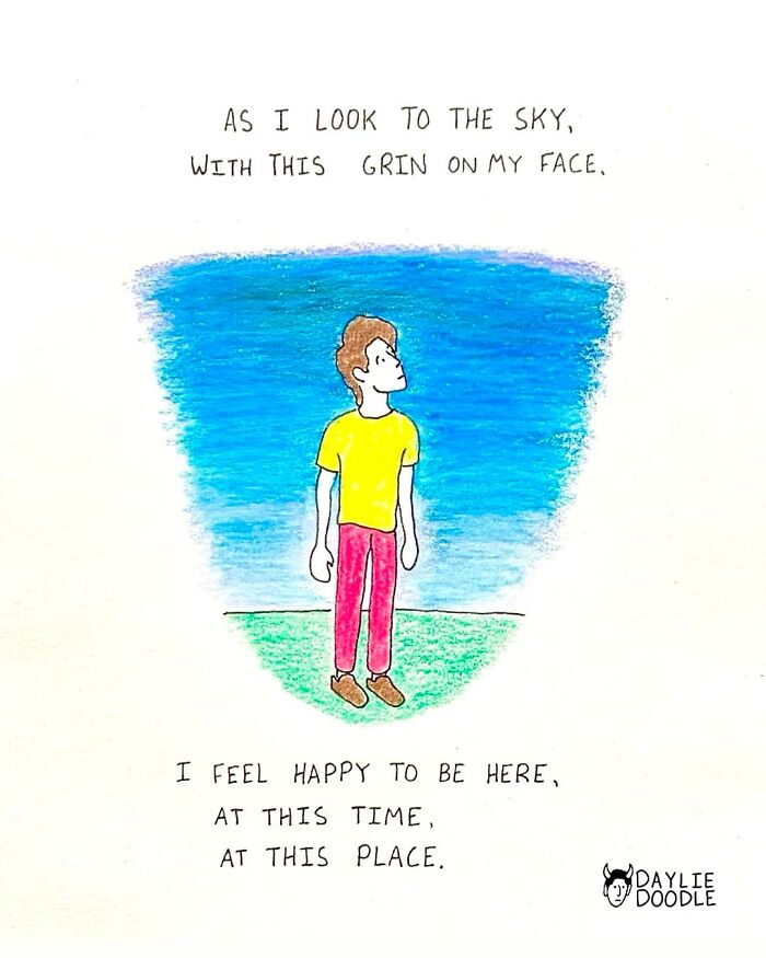 Cartoonist’s daily comic showing a person smiling, looking at the sky, expressing happiness in a colorful simple drawing.