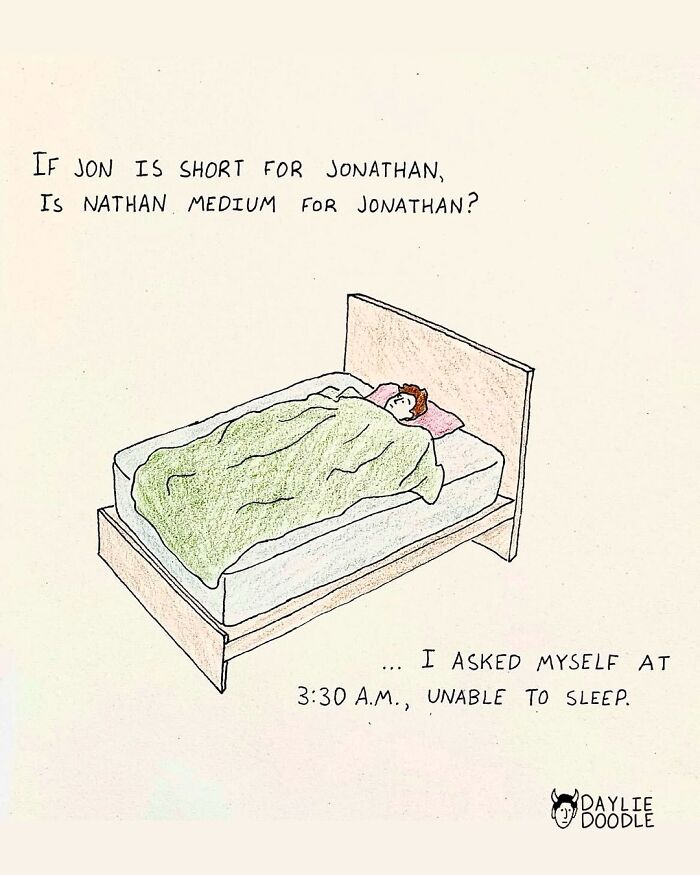 A cartoonist’s comic shows a person in bed pondering a funny name joke, illustrating daily comics that are ridiculous and true.