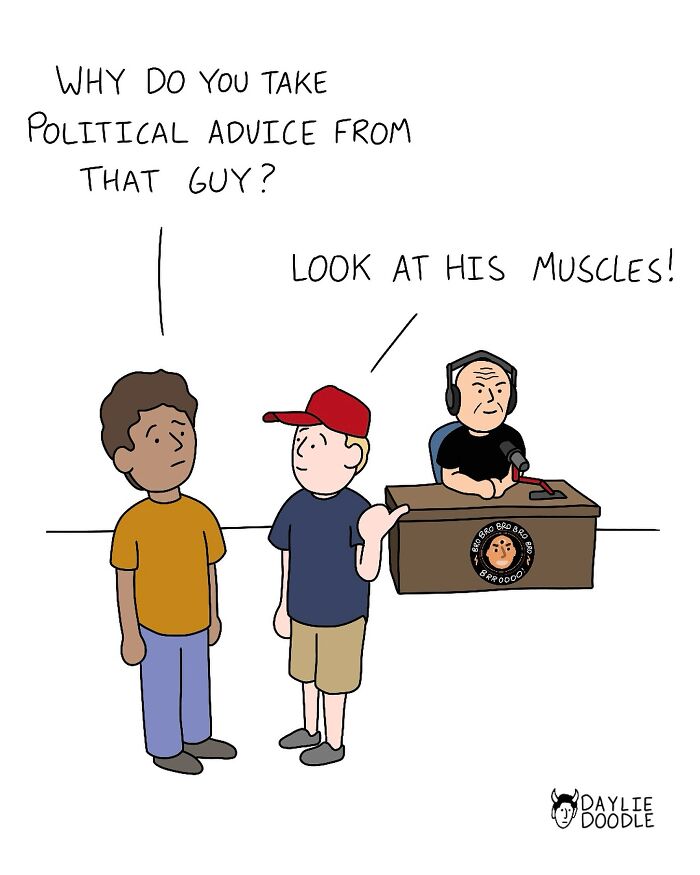 Cartoonist’s daily comic shows two people discussing political advice with a radio host at a desk in a humorous style.