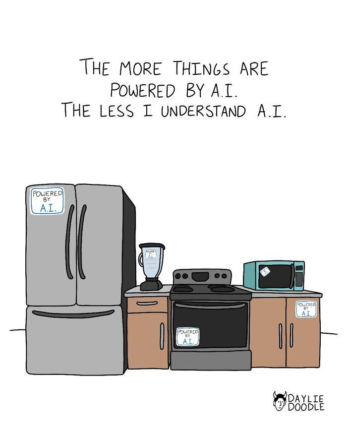 Cartoon depicting kitchen appliances powered by AI, highlighting confusion about artificial intelligence in daily comics.