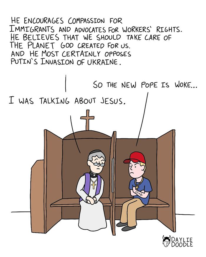 Cartoonist’s daily comic shows a priest and a young man debating woke views and compassion in a confessional booth.