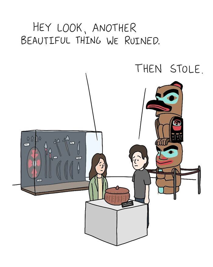 Cartoonist’s daily comics depicting two visitors discussing ruined and stolen cultural artifacts in a museum setting.
