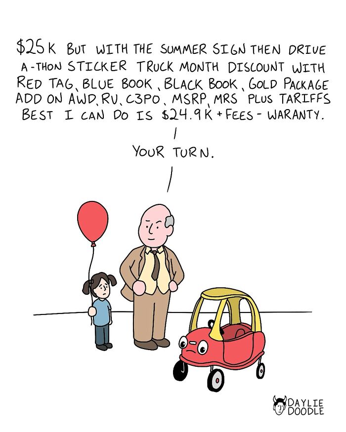 Cartoonist’s daily comic showing a man negotiating car price with a child holding a red balloon and toy car.