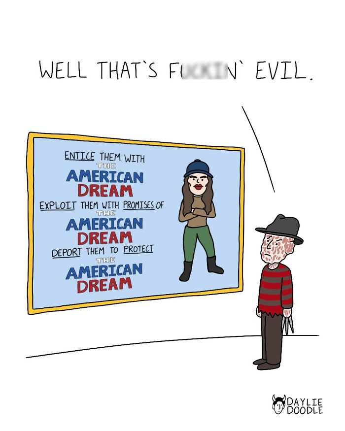 Cartoonist’s comic showing a character reacting to an artwork about exploiting the American Dream with irony and humor.