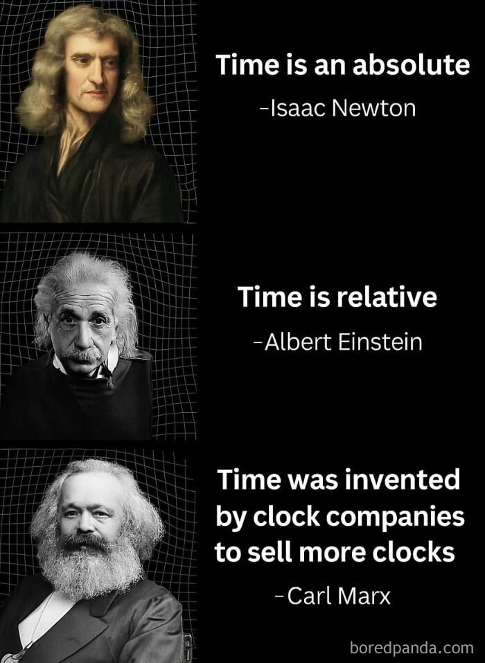 Portraits of Newton, Einstein, and Marx with witty quotes on time, highlighting physics is fun in a humorous way.