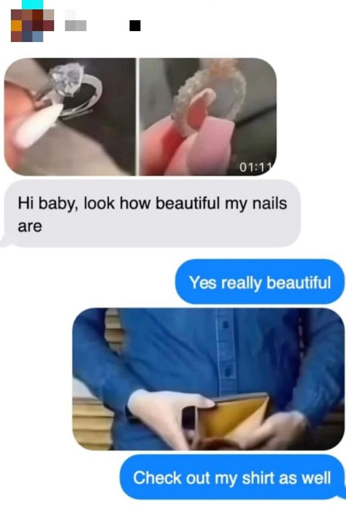 Text message meme showing a funny conversation about nails and an empty wallet, featuring funniest memes humor.