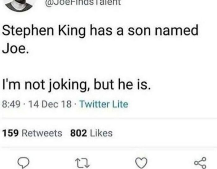 Funny Twitter meme about Stephen King's son named Joe, featured among the funniest memes to brighten your day.