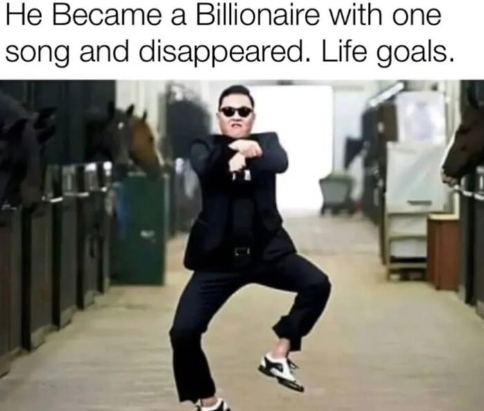 Man in sunglasses dancing in a stable hallway with caption about becoming a billionaire and disappearing funny memes.