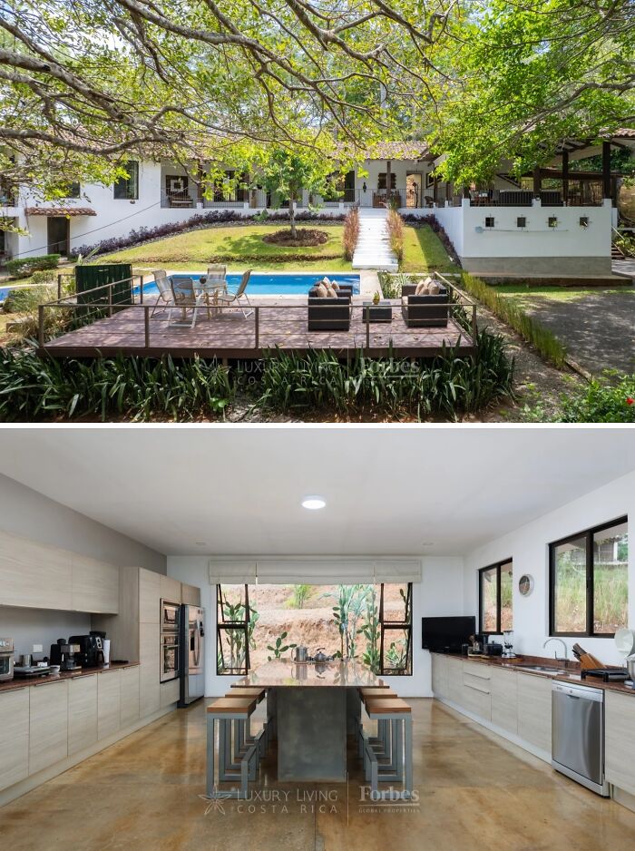 Modern apartment exterior with pool and spacious deck, plus a sleek kitchen featuring large island and natural lighting.