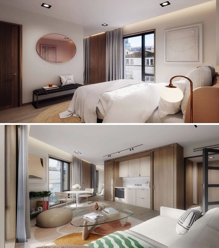 Modern apartment interiors with minimalist bedroom and open-plan living area showing what 1 million buys you worldwide.
