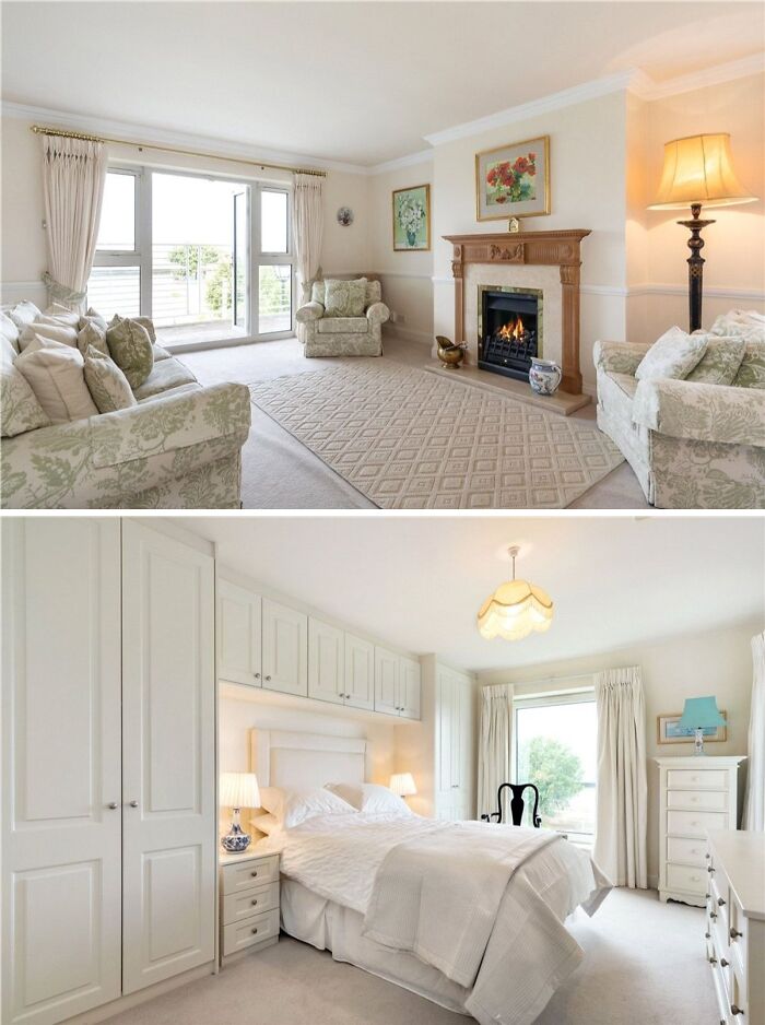 Spacious living room with fireplace and bright bedroom in an apartment showcasing what 1 million buys you worldwide.