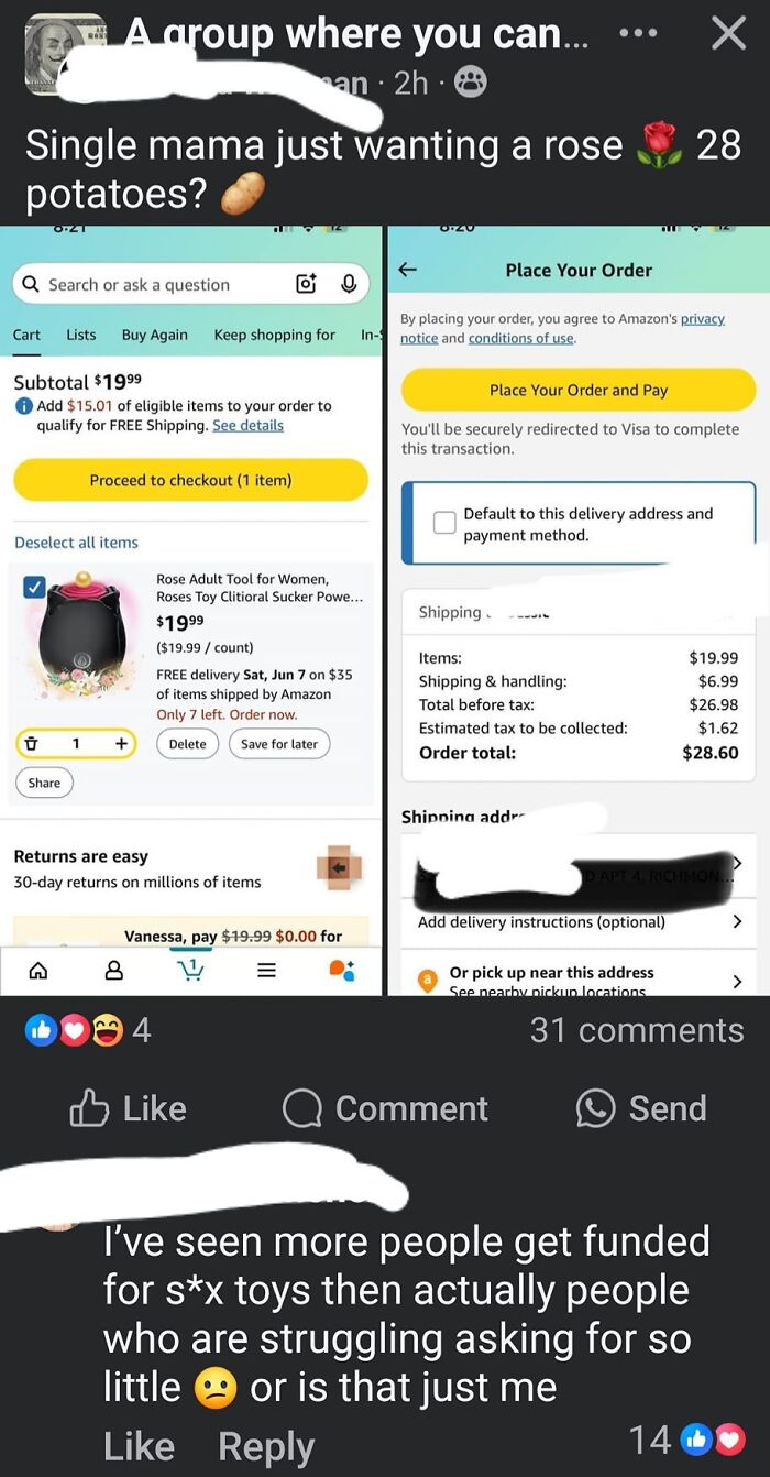 Entitled single mom requesting a rose toy with free shipping, sparking debate on paying for items online.
