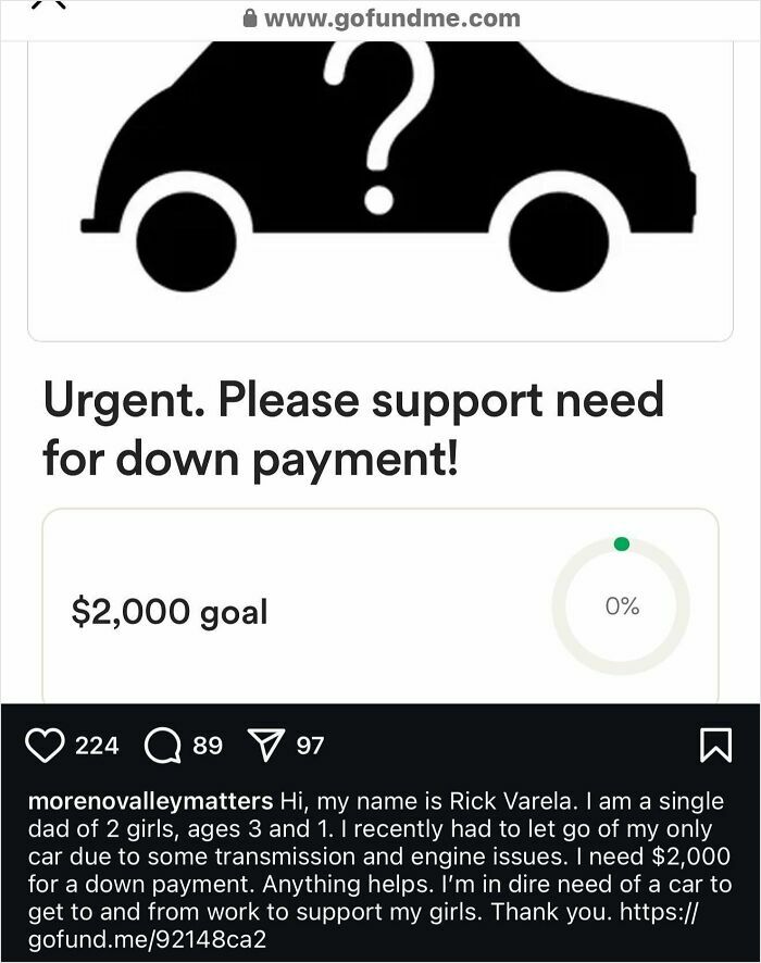 GoFundMe screenshot showing urgent request for down payment by single dad facing car issues, highlighting entitled single moms theme.