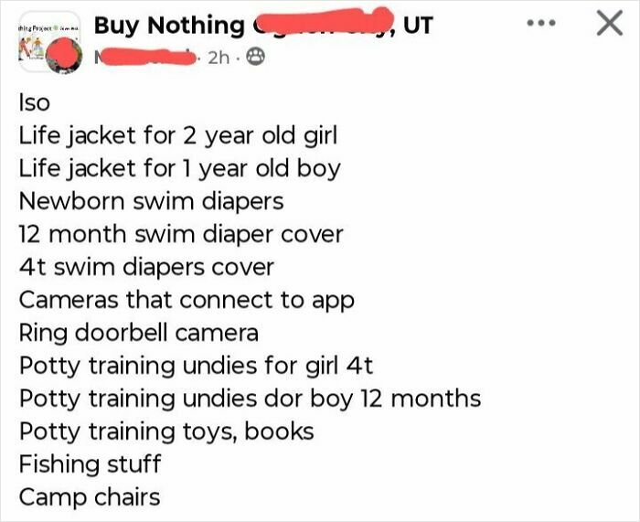 Buy Nothing group post listing items needed including life jackets, swim diapers, cameras, and potty training supplies by entitled single moms.