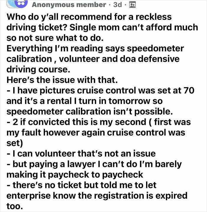 Social media post discussing a single mom's struggle with a reckless driving ticket and financial challenges.