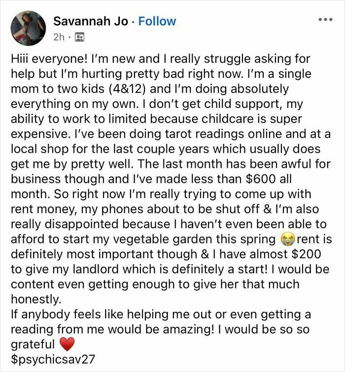 Single mom struggling with rent and expenses, sharing a heartfelt message about financial hardship and asking for support.