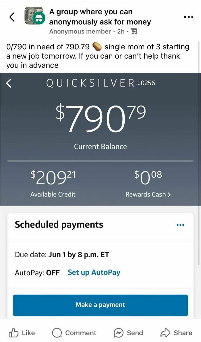 Screenshot of a single mom asking anonymously for money with a credit card balance of $790.79 visible on screen.