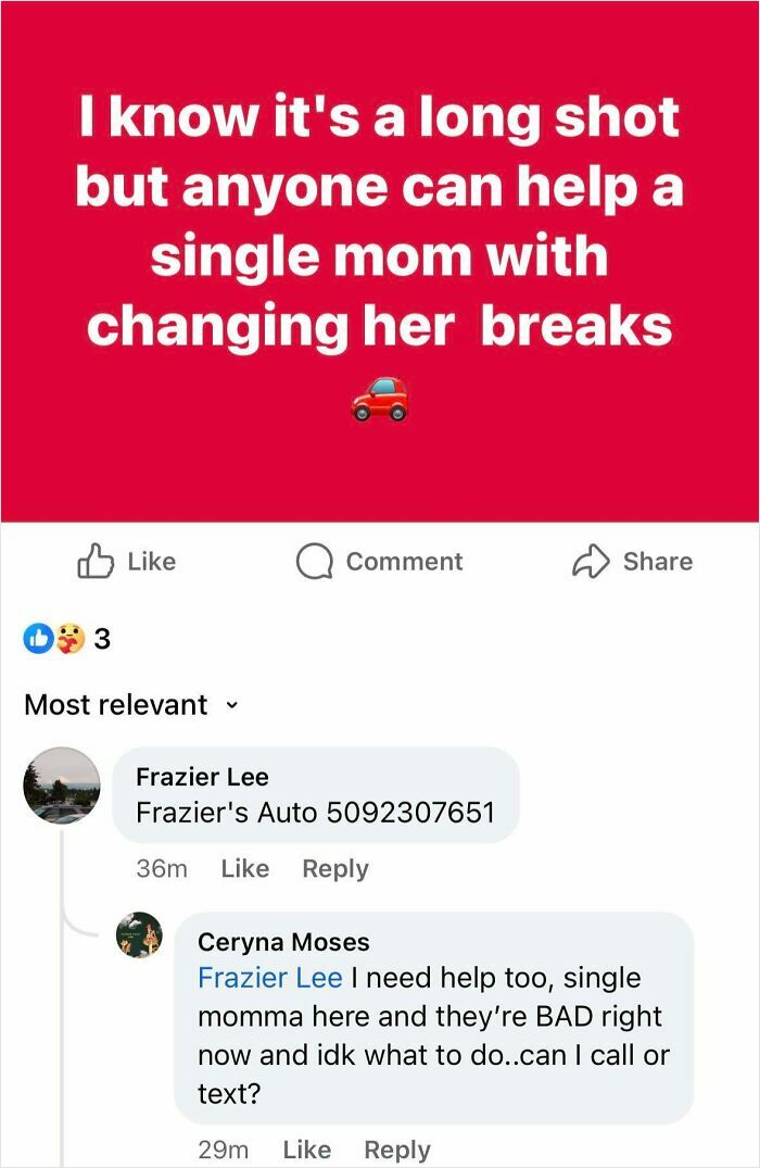Single mom asking for help with car brakes on social media, highlighting entitled single moms refusing to pay.