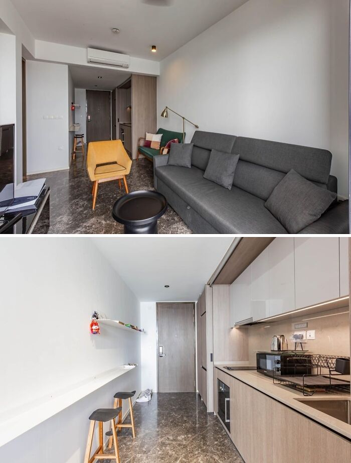 Compact modern apartment featuring living and kitchen areas with minimalist design, showcasing what $1 million buys you worldwide.