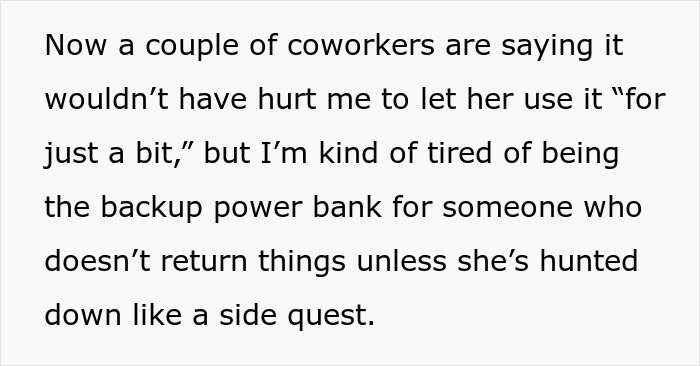 Text excerpt discussing a coworker famous for not returning items, causing frustration over a simple charger. Text excerpt discussing a coworker famous for not returning items, causing frustration over a simple charger.