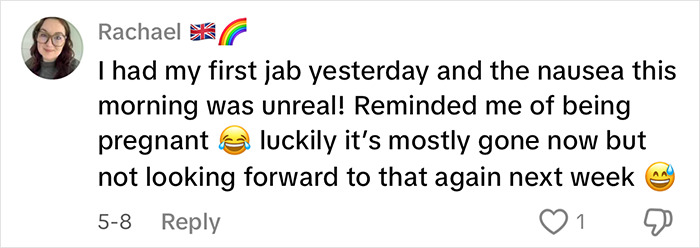 User comment discussing nausea after first jab, related to side effects mentioned by woman who dropped 84 lbs on Mounjaro. User comment discussing nausea after first jab, related to side effects mentioned by woman who dropped 84 lbs on Mounjaro.