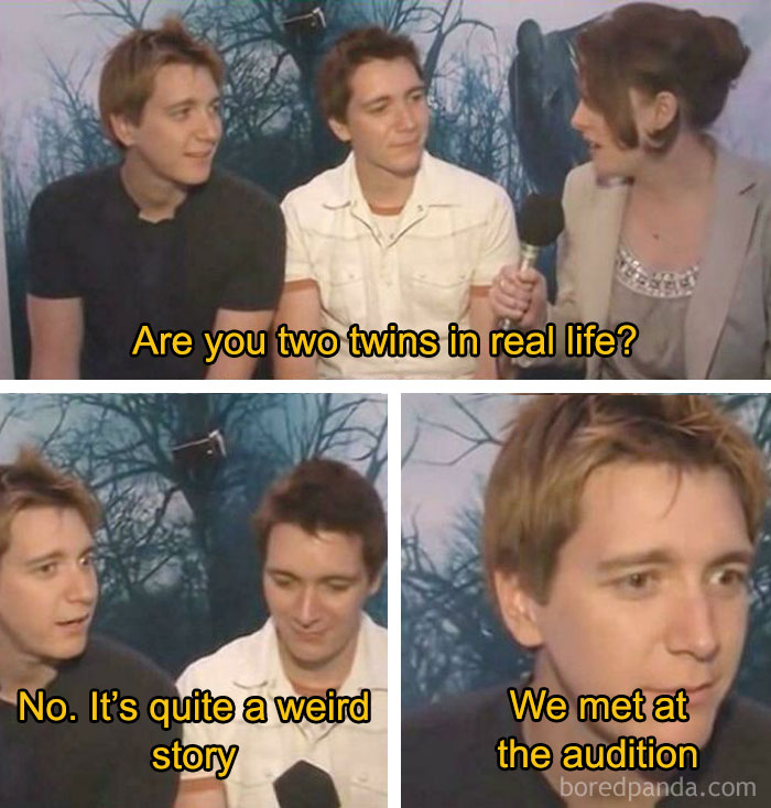 Two men being interviewed about whether they are twins, with a humorous response about meeting at an audition meme.