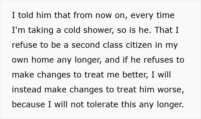 Alt text: Text describing a wife threatening her husband with cold showers due to his bad memory and poor treatment of her. Alt text: Text describing a wife threatening her husband with cold showers due to his bad memory and poor treatment of her.
