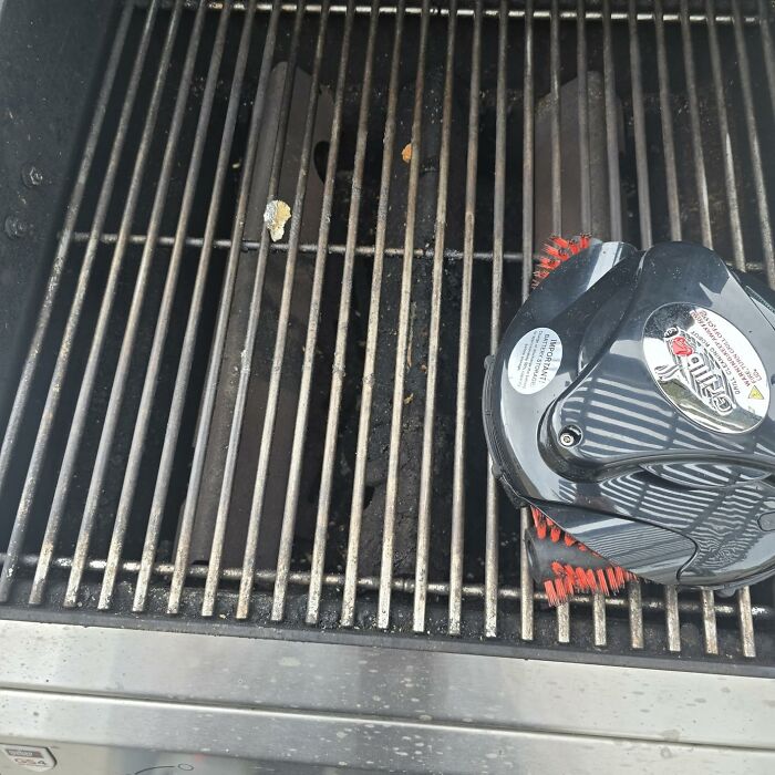 Grill cleaning brush on a barbecue grill showing a bizarre find that could explain why your bank account is silent.
