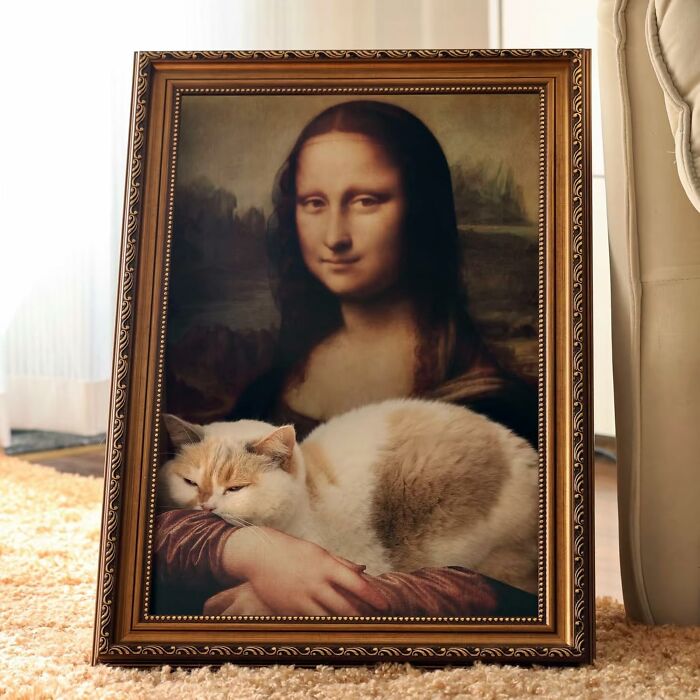 Framed Mona Lisa painting with a cat sleeping on the arm, illustrating bizarre finds affecting your bank account.