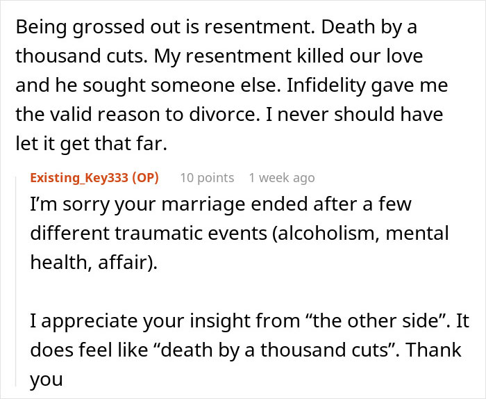 Alt text: Reddit user discussing being grossed out by husband and the impact on marriage, including resentment and infidelity. Alt text: Reddit user discussing being grossed out by husband and the impact on marriage, including resentment and infidelity.