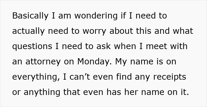 Text excerpt about man concerned late girlfriend’s mom might file lawsuit seeking legal advice before attorney meeting.